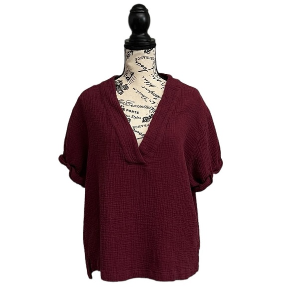 DEAR JOHN Women's Jailee Blouse Burgundy Pullover Gauze Slub Knit Beach Boho M - Picture 2 of 9